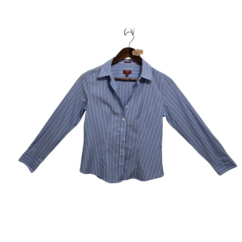 Talbots Haberdashery Blue White Striped Button Down Shirt Petite 2P Wrinkle Free